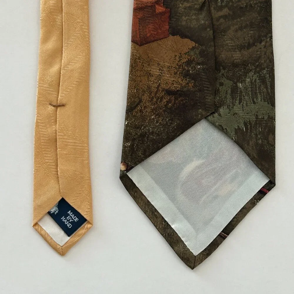 Polo By Ralph Lauren Golf Scene Neck Tie Gold Multicolor Silk Hand Made USA VTG